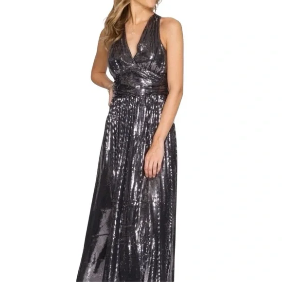 She + Sky Night Silver Sequin Low Cut V-neck Maxi Dress  Homecoming NYE Cruise S - Picture 9 of 13